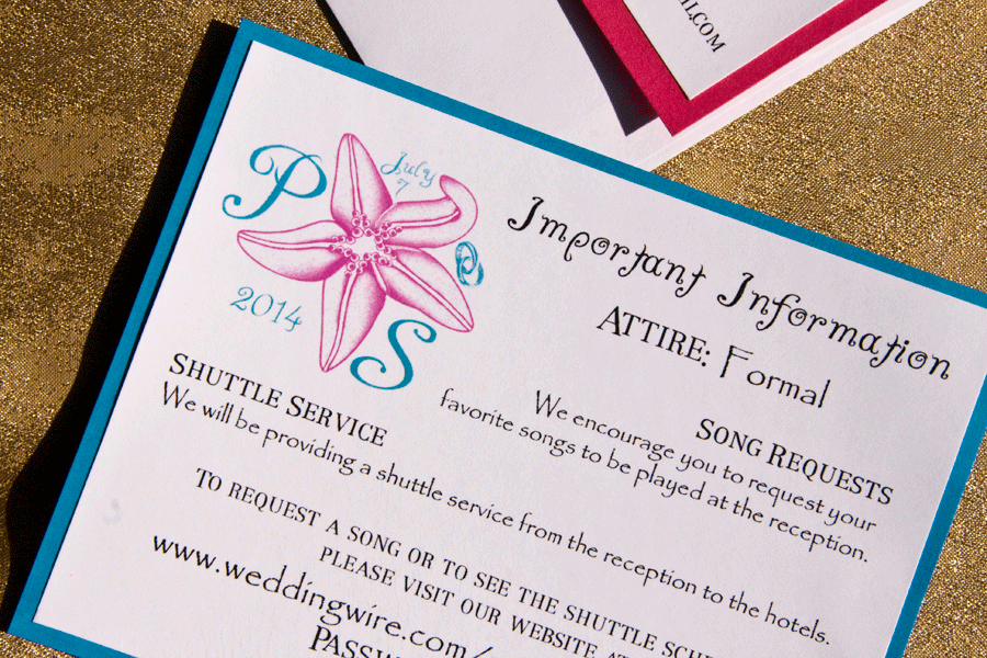 Important wedding information on aqua blue cardstock with white cardstock overlay, custom color laser printed logo, including attire requirements, wedding website and password, song requests