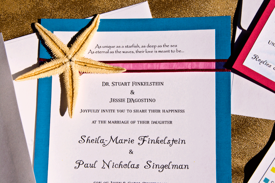 Handmade Custom wedding invitation on aqua blue textured cardstock with white cardstock overlay accented with a fuschia ribbon and a real starfish, Hebrew in gold of I am my beloved's and my beloved is mine