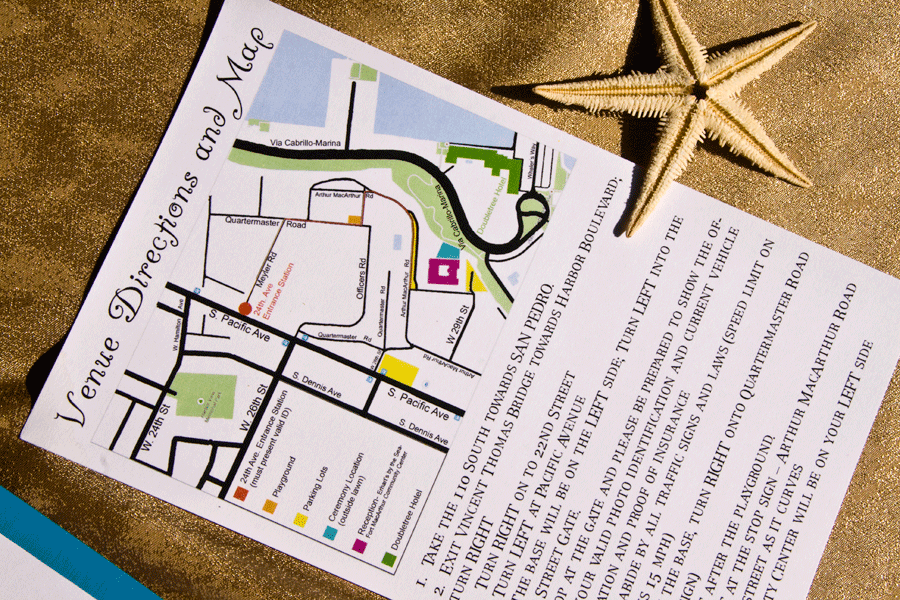 Full color custom map of wedding venues with directions to wedding venue and reception