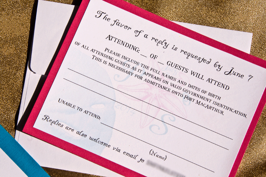 RSVP card on fuschia cardstock with white cardstock overlay with color watermark of starfish, sanddollar, and scallop