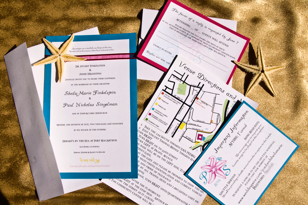 Complete starfish and beach themed wedding invitation suite with real starfish on invitation, RSVP and information card with custom color laser printed logo and full custom map