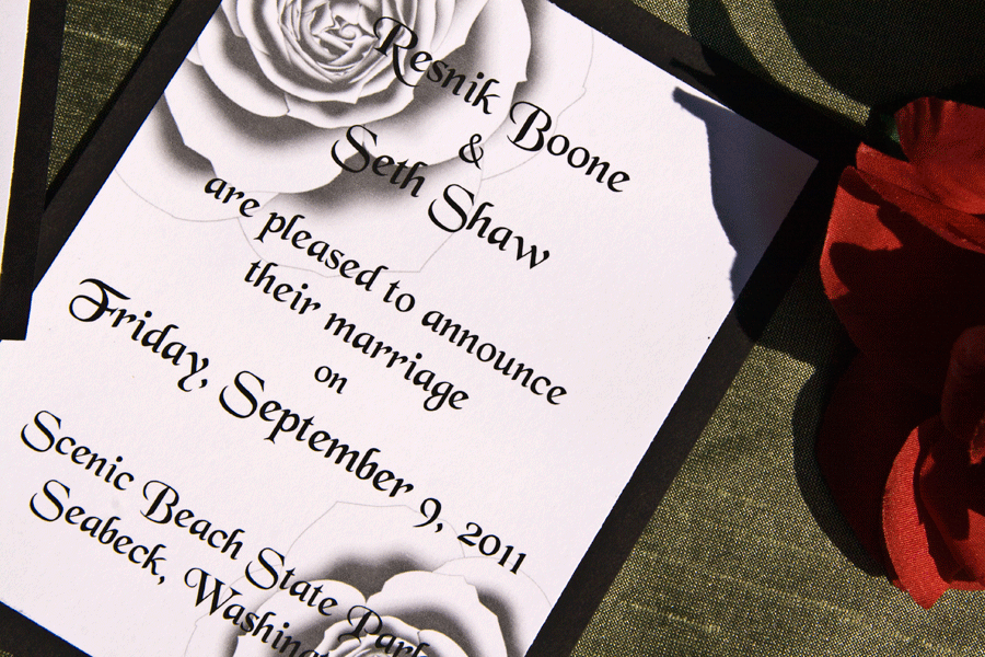 Wedding announcement bearing custom rose graphic