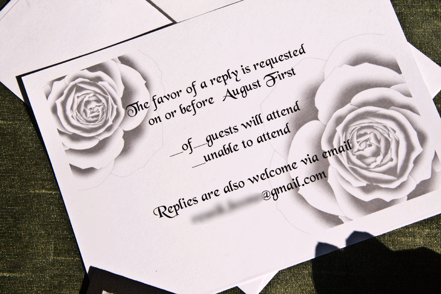 RSVP card bearing custom rose graphic