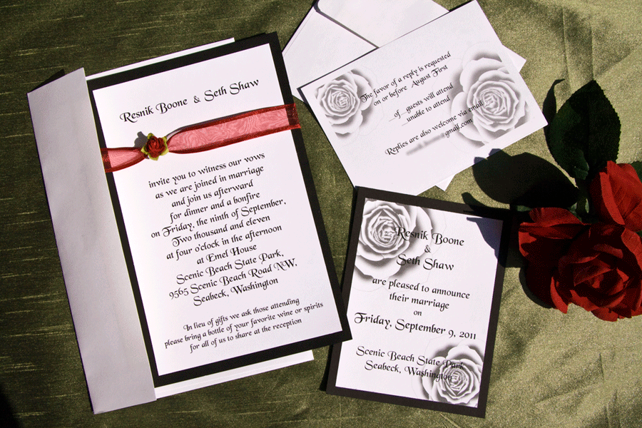 Wedding suite for simple and elegant red rose themed wedding including formal invitation, RSVP card and Announcement